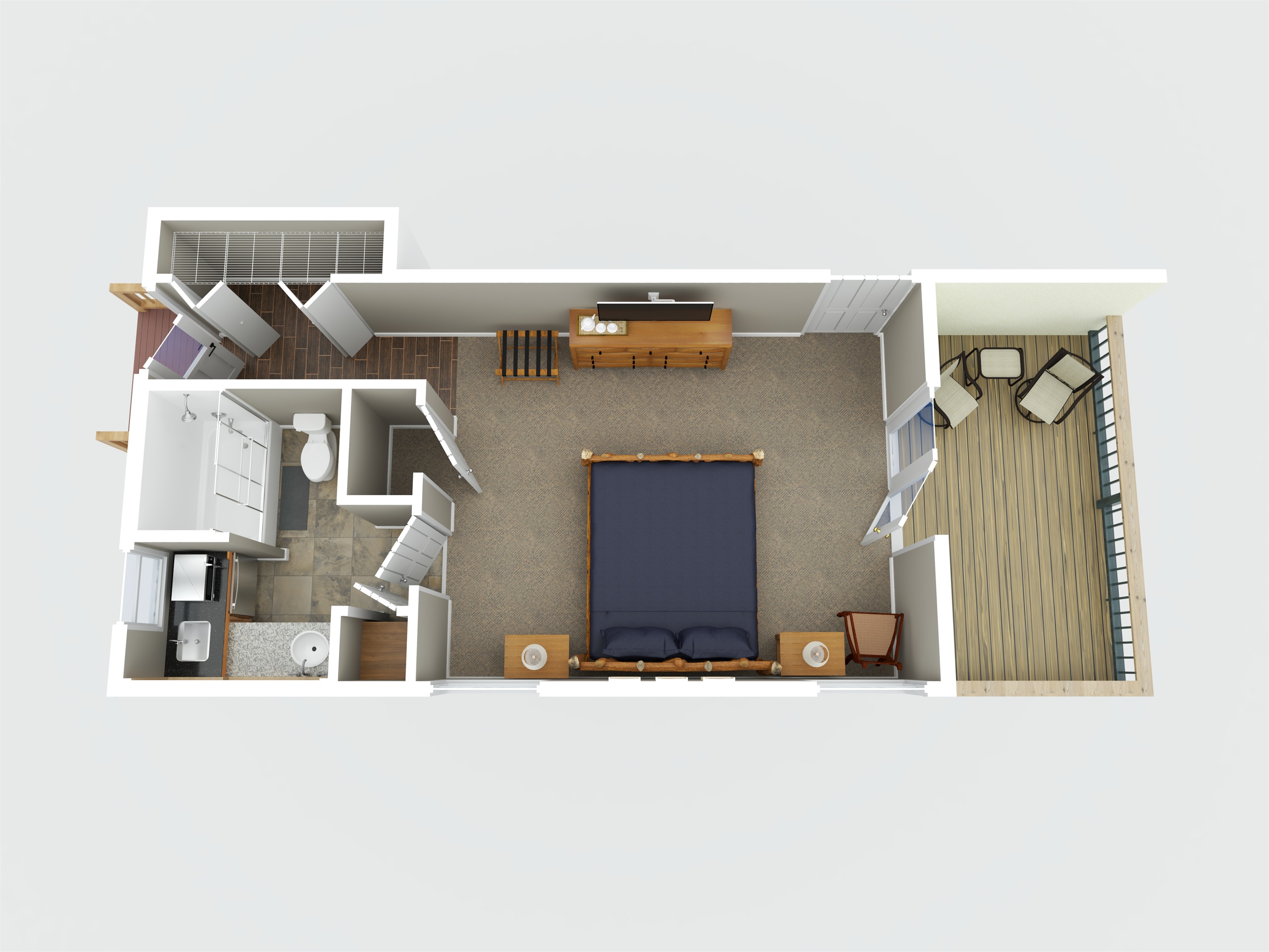 See the full layout of your cozy Mount Yonah retreat—including private deck, full kitchen, and ensuite bathroom!