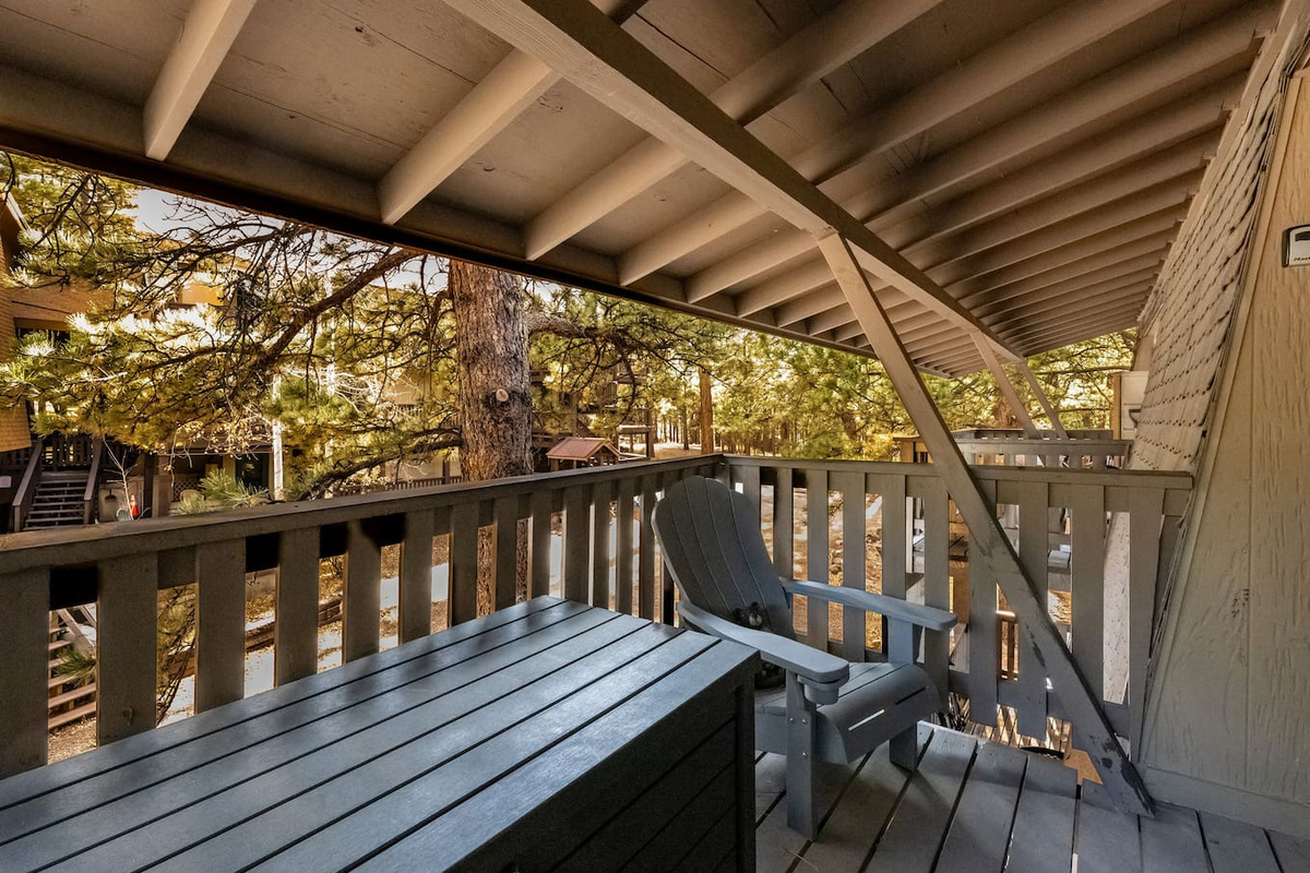 Back porch views with 2 Adirondack chairs for relaxing