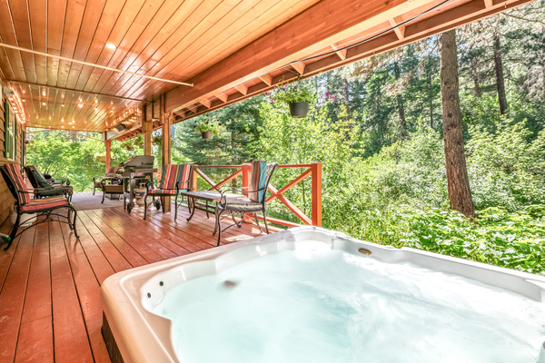 Covered back porch includes hot tub overlooking the private backyard