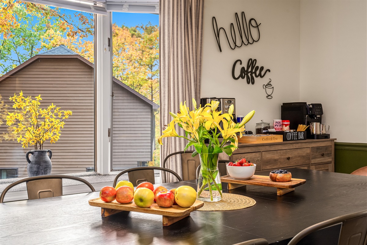 Mornings start easy here — fresh coffee, warm light, and a table big enough for everyone.