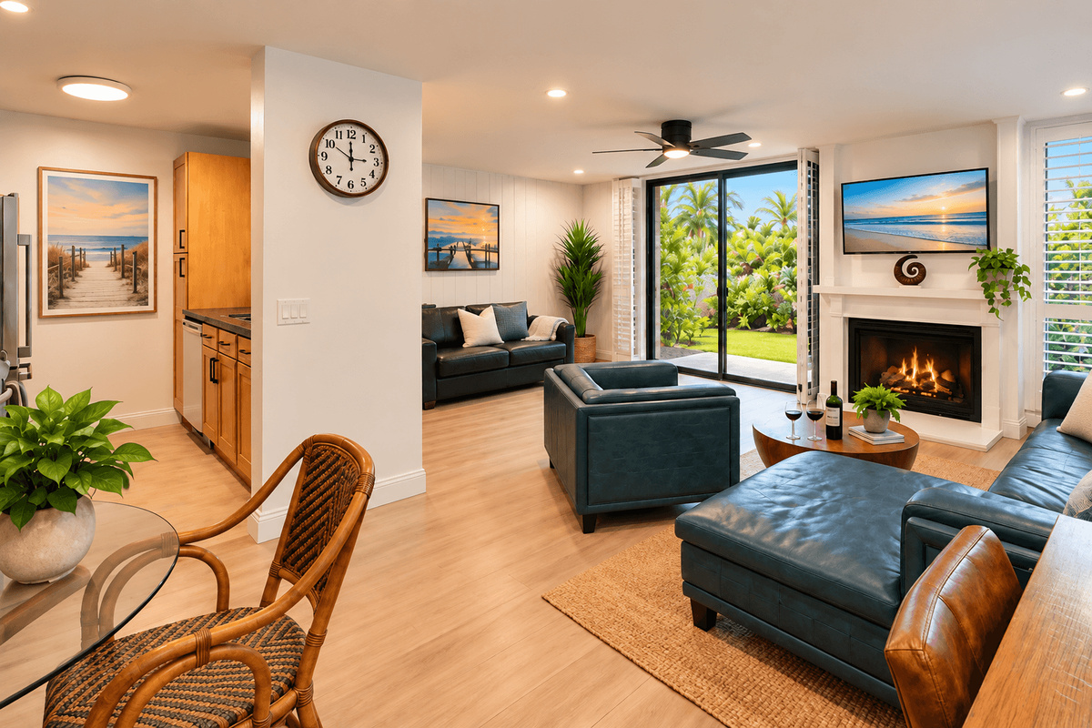 Spacious living area with leather seating,desk and dining space