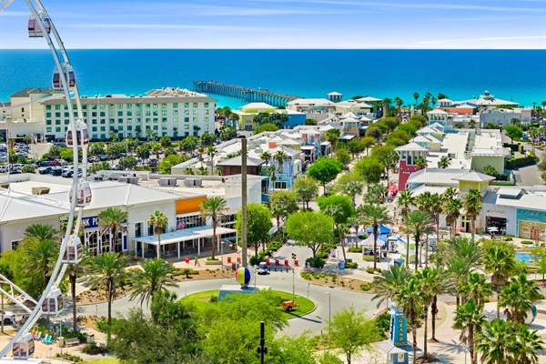 Aerial view of Pier Park with many dining & shopping options 