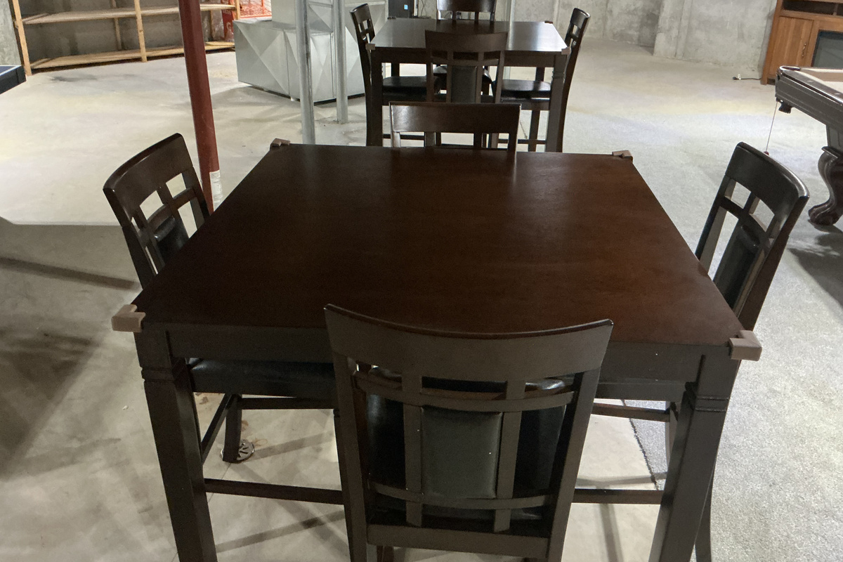Two high top tables with 8 total chairs/stools