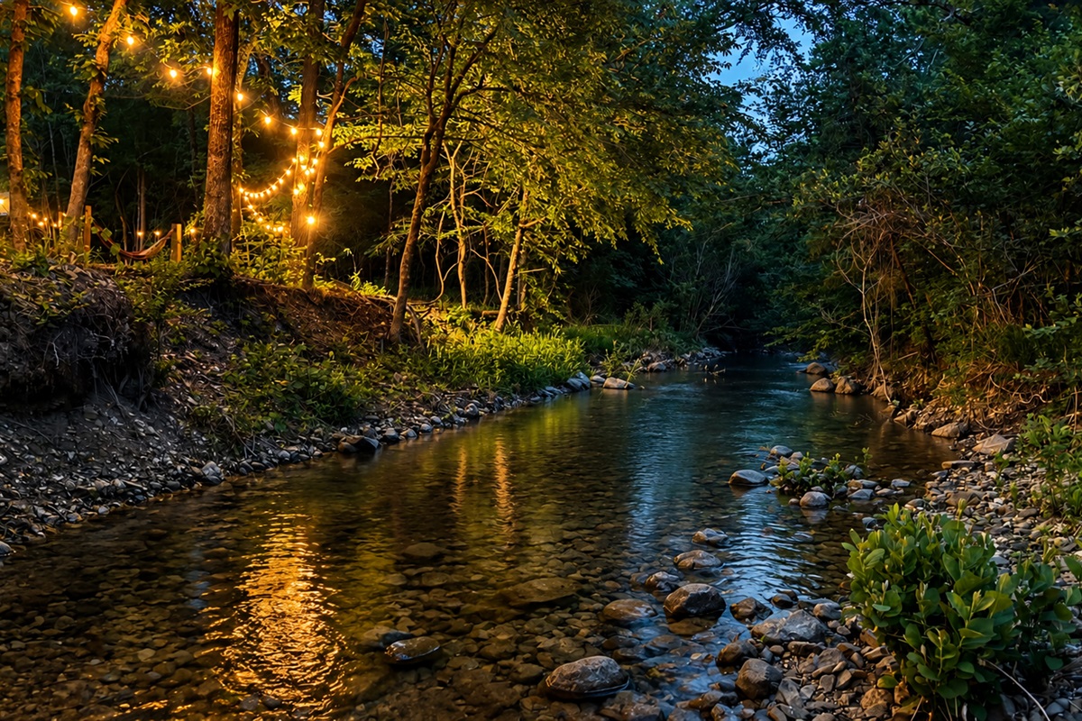 Serene Streamside Retreat: Enjoy twinkling lights and nature's beauty by the tranquil waters.