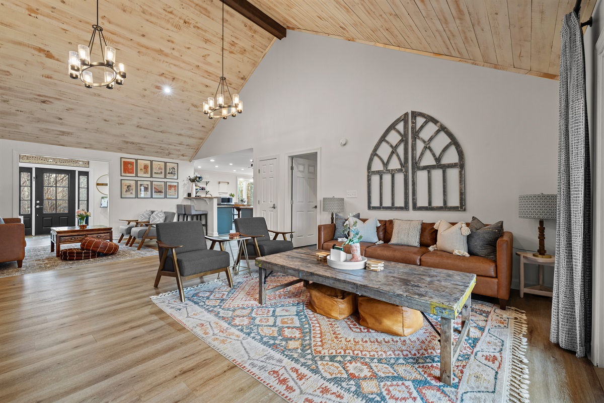 Main living room extended length leather sofa.