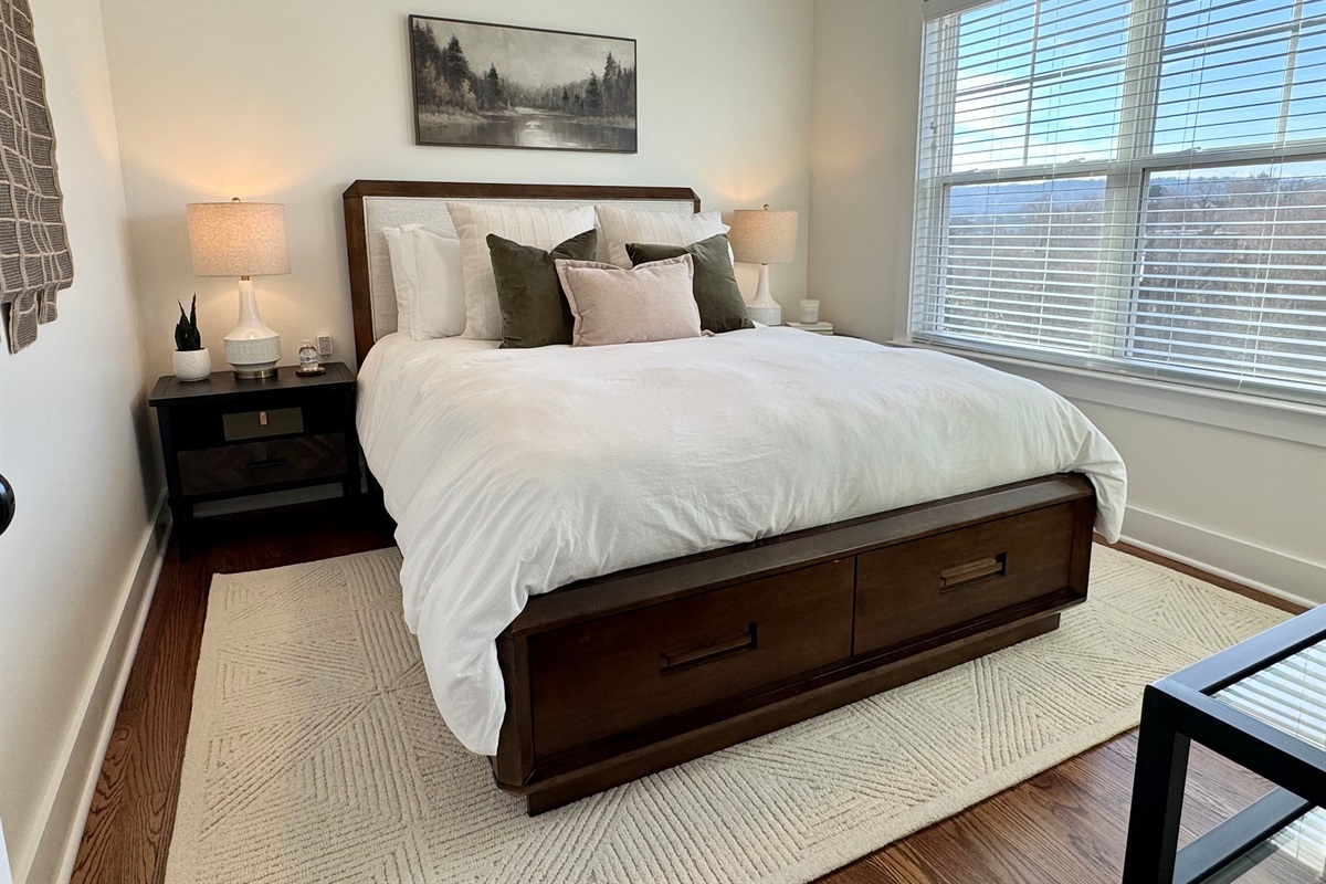 Queen bedroom #1 - The view from these top floor windows is amazing! There is a TV with Roku mounted in front of the bed.