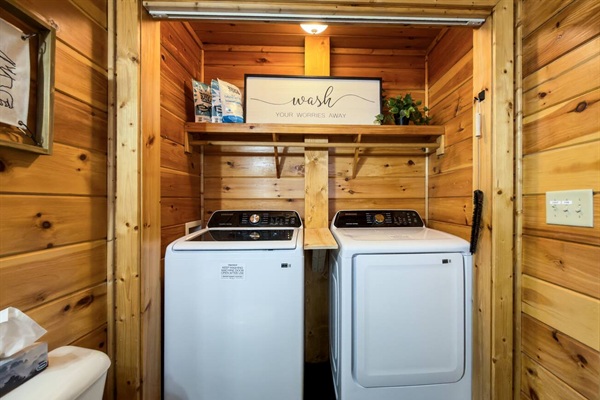 Laundry room in the half bathroom on the main-level, we use only fragrance-free non-toxic laundry detergents on our linens and towels.