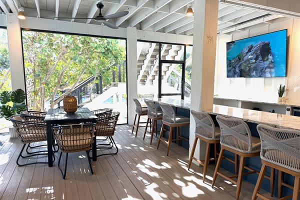 Fix a drink at the wet bar featuring a second beverage fridge and another free-standing ice maker