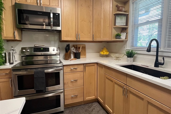 Kitchen with stainless-steel appliances