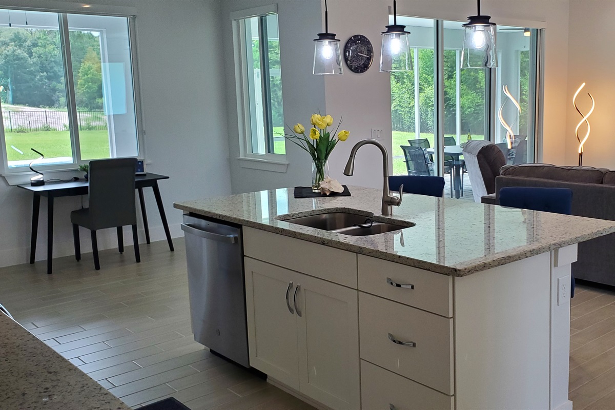 Kitchen island and view of back
