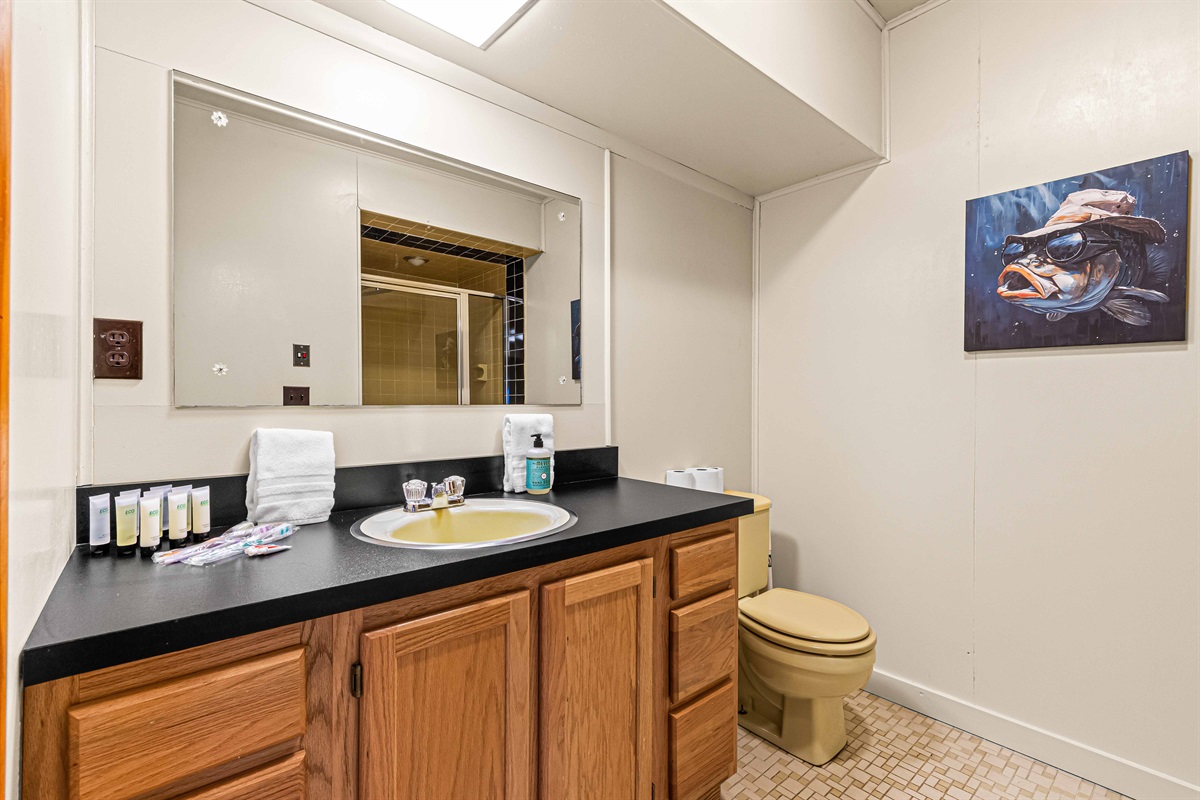 Bathroom Retreat: Enjoy modern comforts with artistic flair and spacious, functional design!