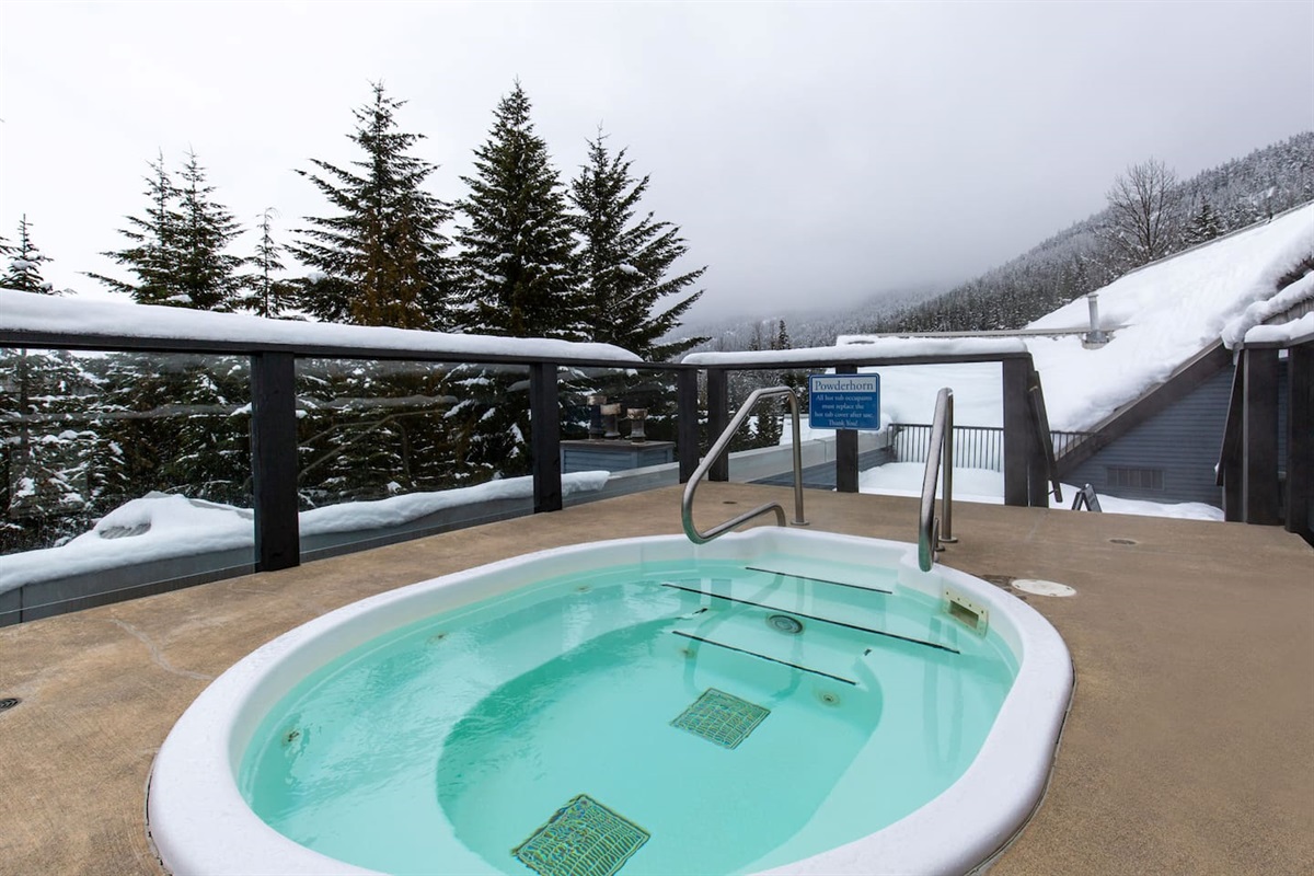Rooftop hot tub, used by one unit per time slot.