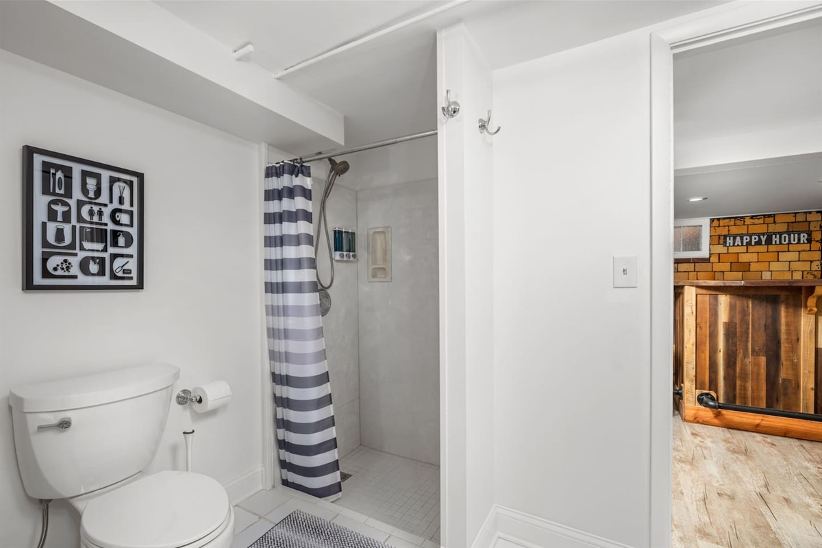 Lower level bathroom with walk in shower, (soap, body wash, shampoo, conditioner provided), medicine cabinet for storage.