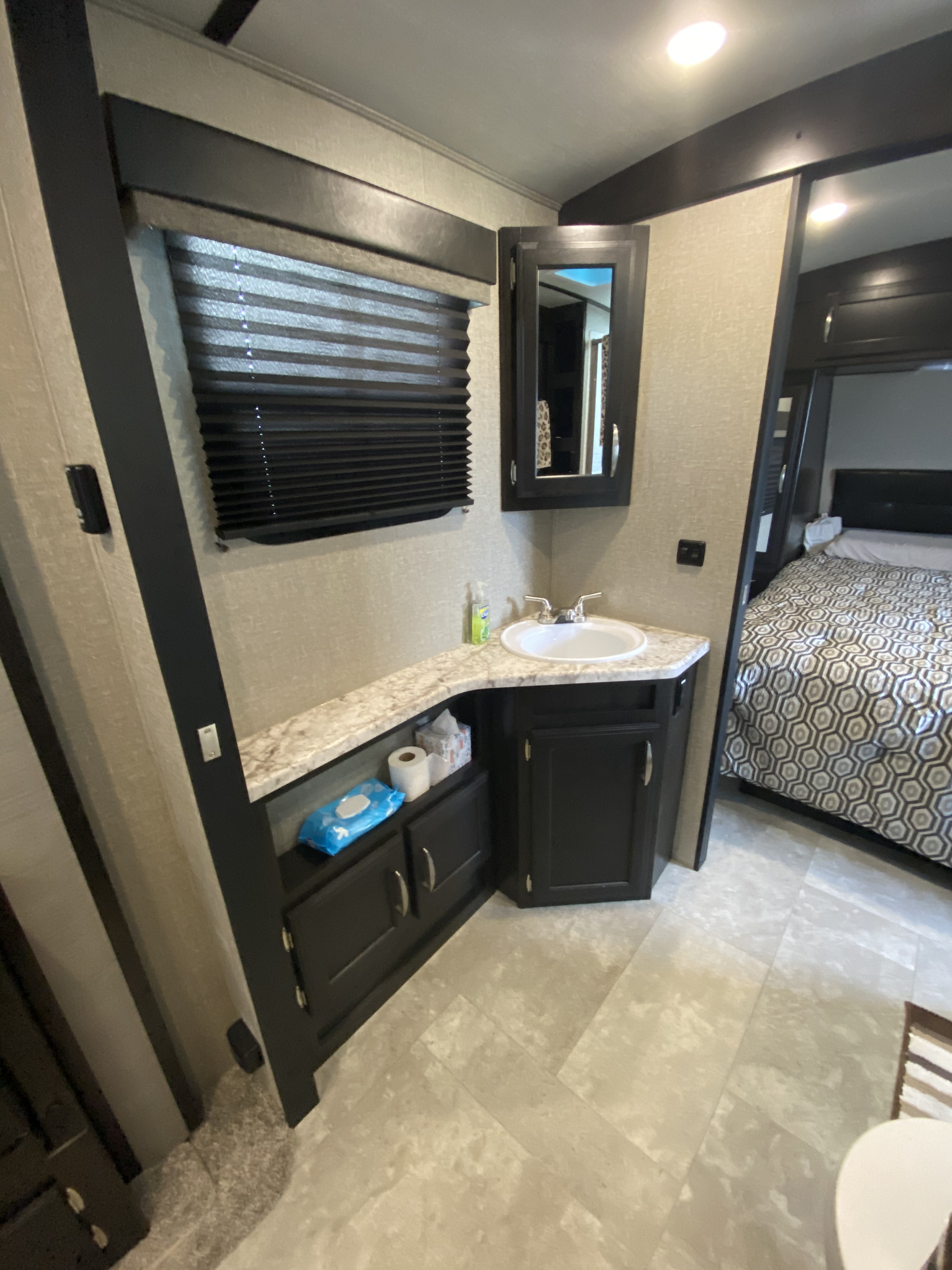 Vanity and mirror for getting ready and quick clean ups