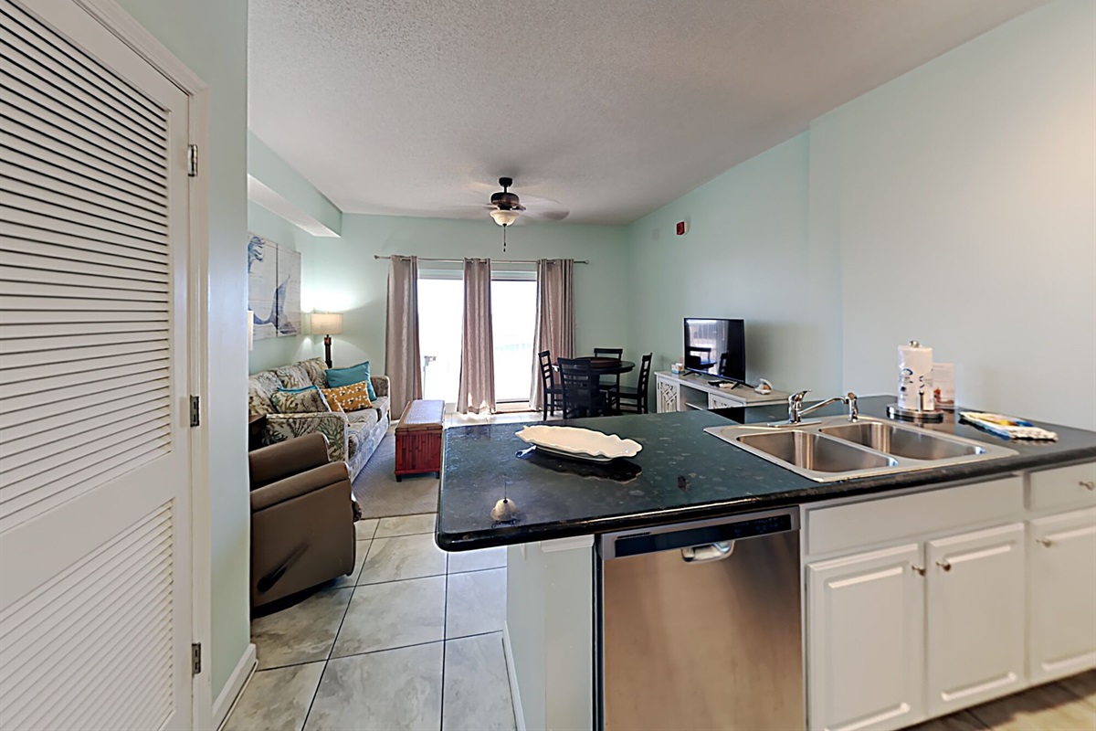 Kitchen with stainless appliances and Gulf view