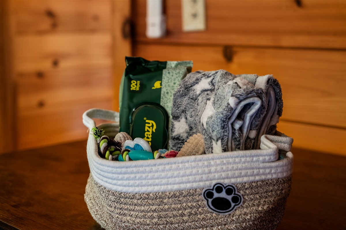 We provide thoughtful dog-friendly amenities including toys, blankets, wipes, and towels to help keep pets comfortable, cozy, and right at home during your stay.