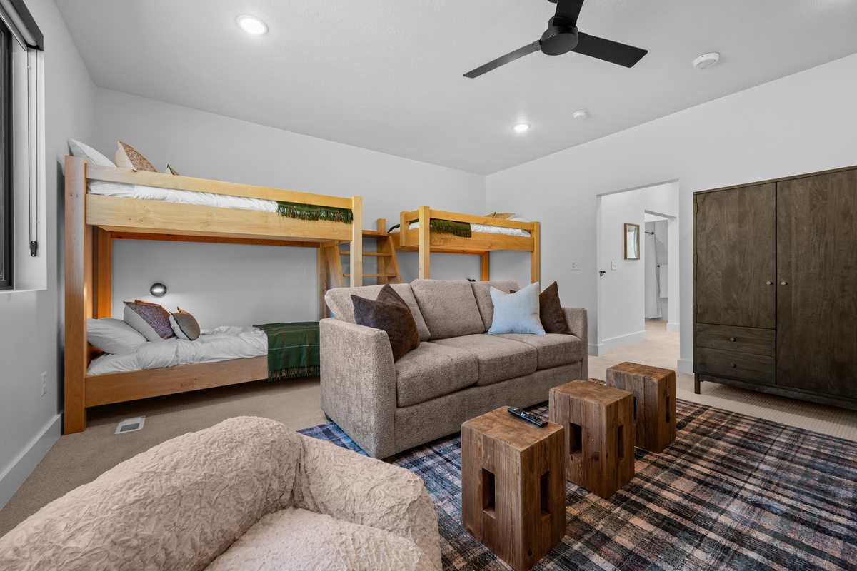 Large bunk room and family lounge designed with families in mind.