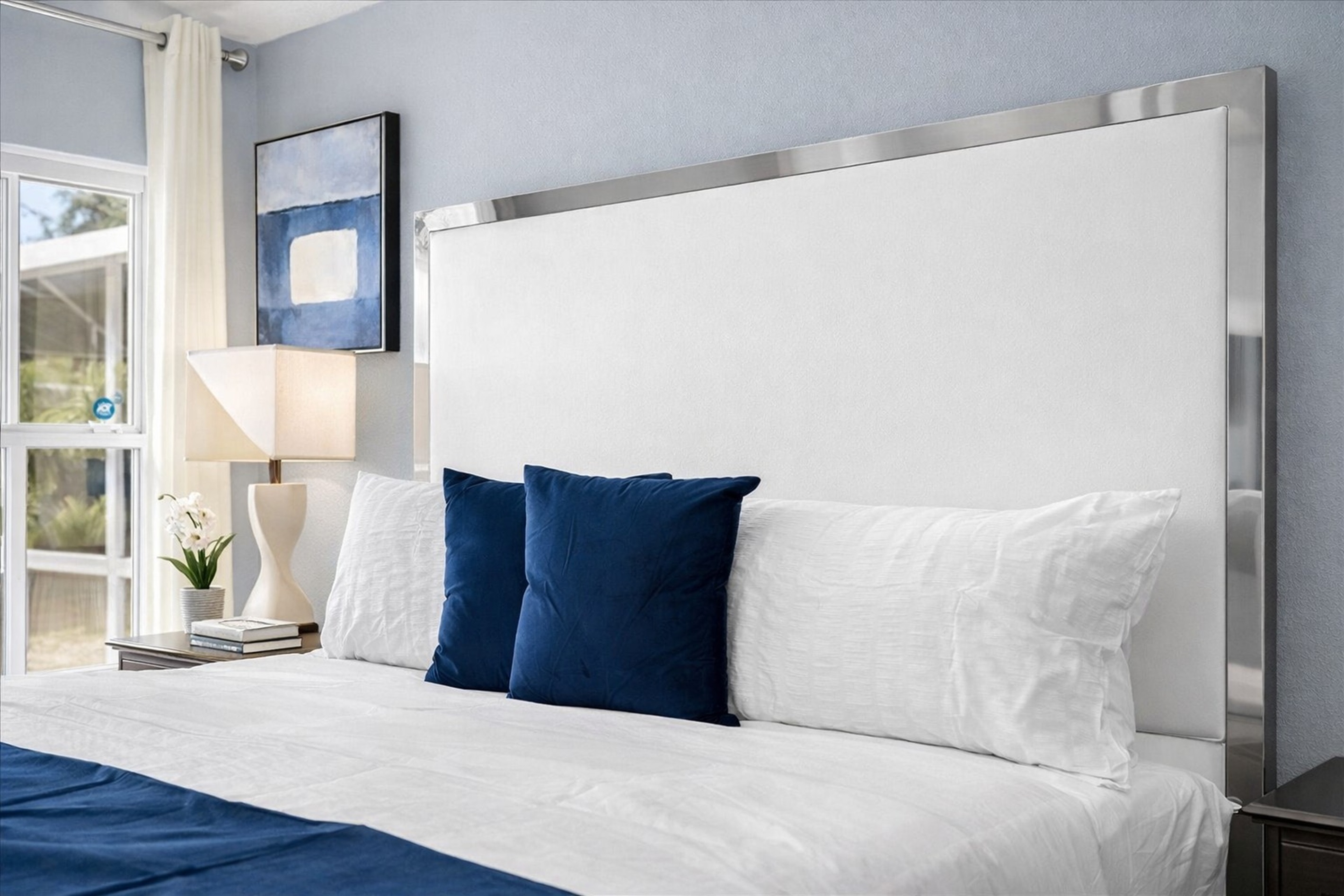 Modern KING bedroom with white leather bed, for luxury and comfort