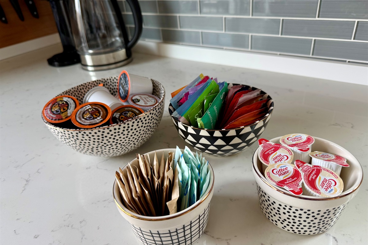 Complimentary coffee, tea, creamer, and sugar- because slow mountain mornings deserve a proper start.