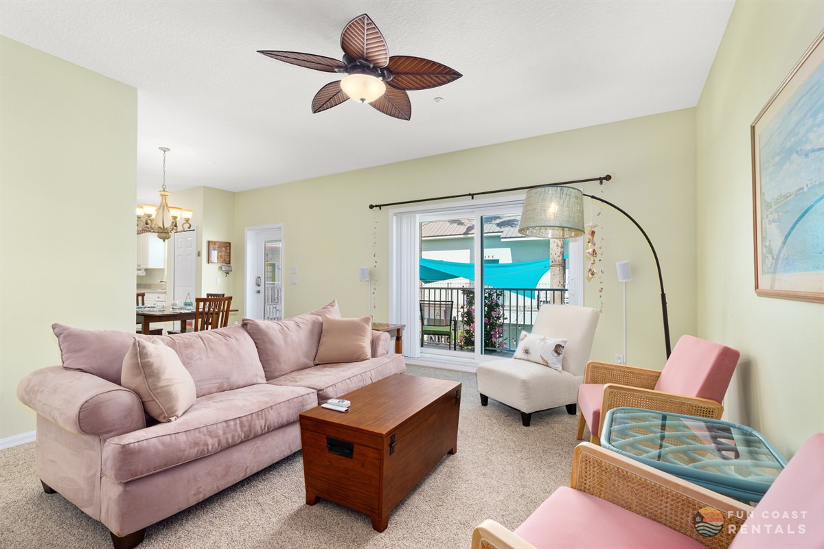 Living room area with 55" Smart TV and Sonos surround sound!