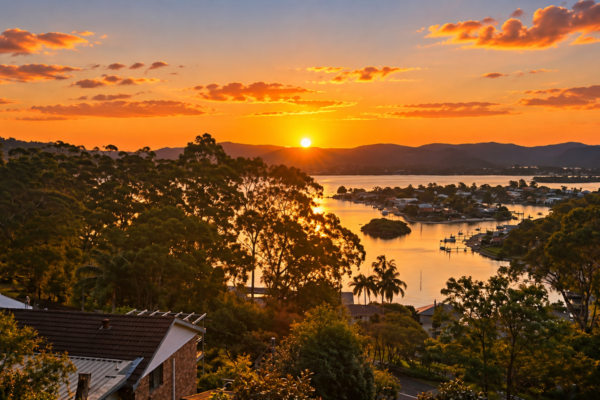 The elevated position at Carinya Coastal Escapes gives the home a wide western outlook across treetops, water and surrounding hills.