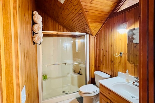 Bathroom with walk-in shower and warm wood cabin design.