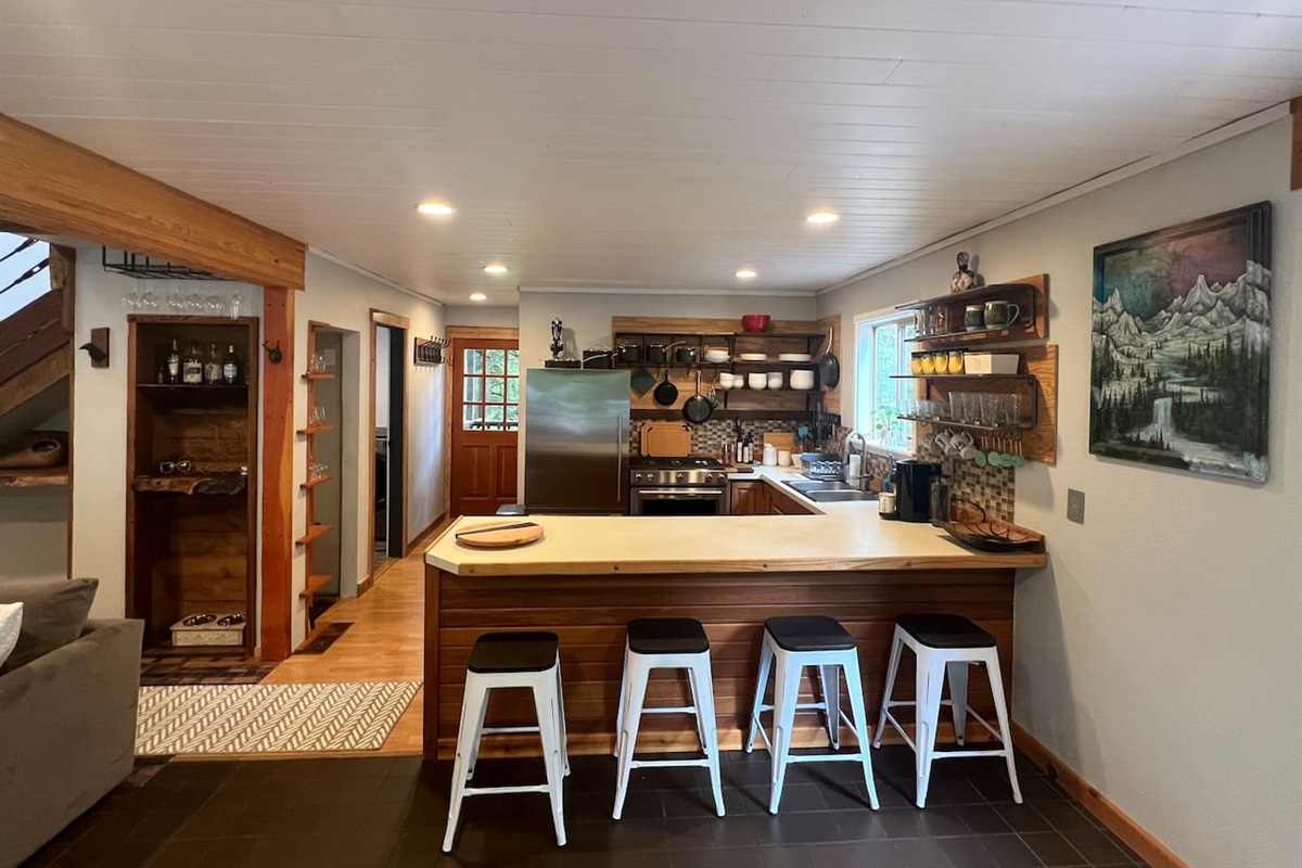 Kitchen is fully stocked to cook up any meal you desire. We always supply some basics like coffee, salt/pepper, olive oil, & vinegar.