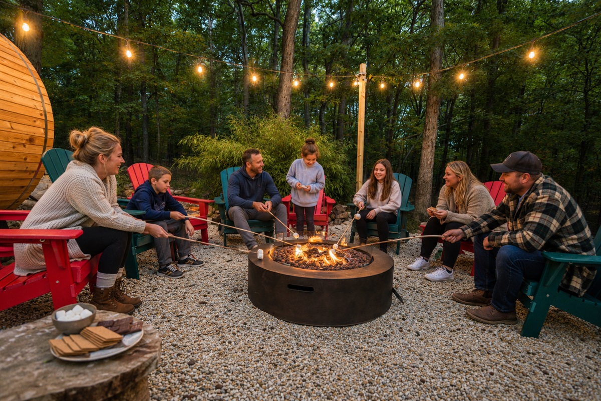 Adirondack chairs circle a gas fire pit that actually stays lit — gather the whole group, roast something, and let the evening go as long as it wants.