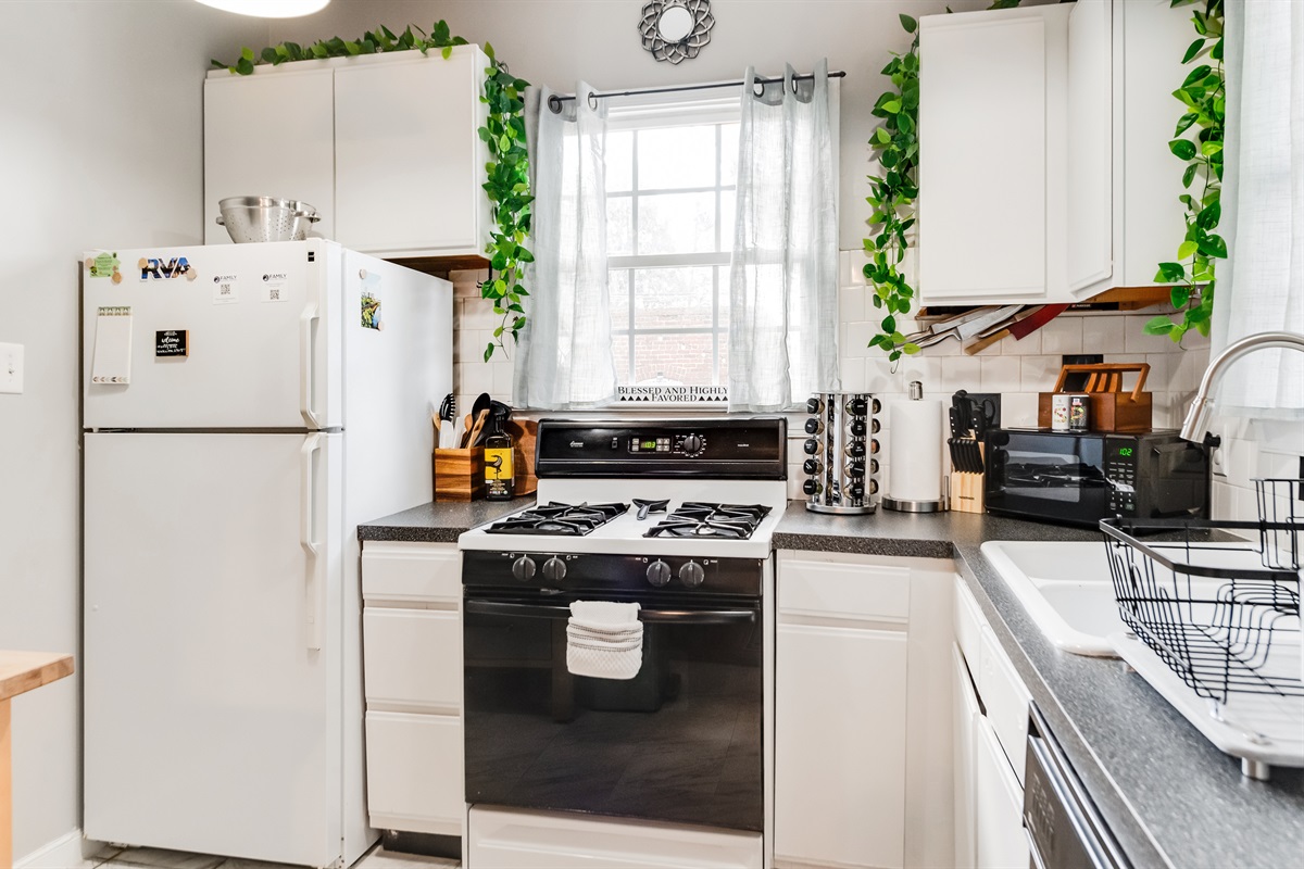 Kitchen Haven: Bright and airy kitchen with modern appliances and leafy decor for delightful meals!