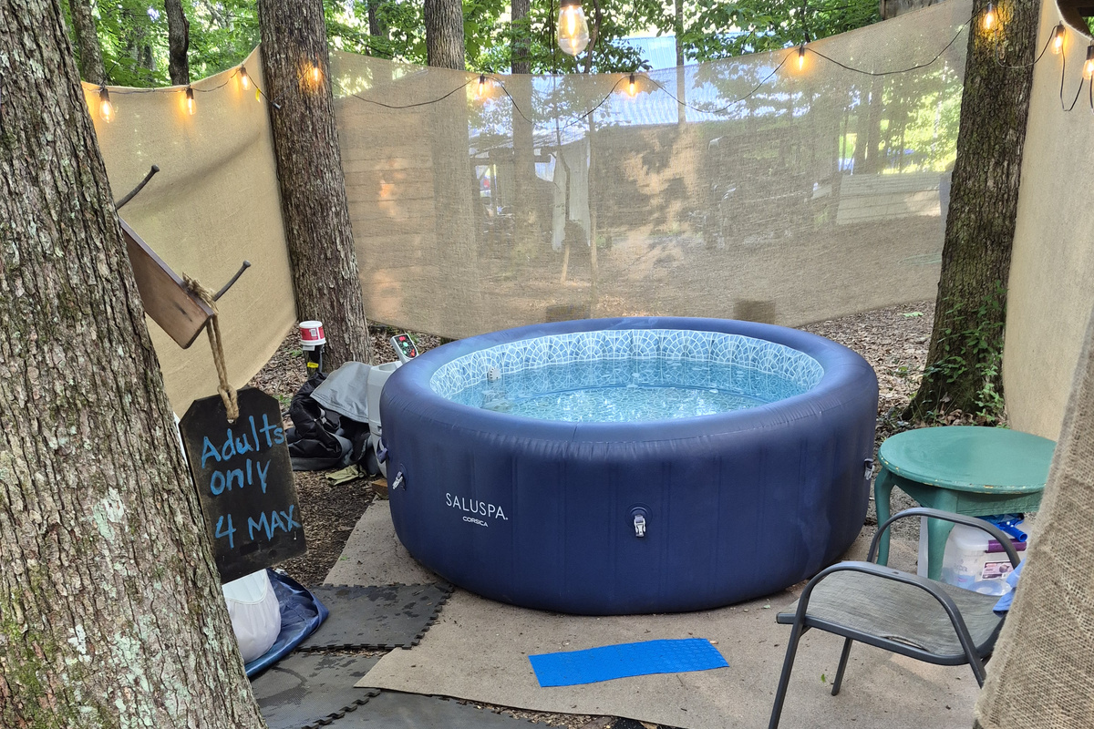 Your private hot tub area is wrap in burlap