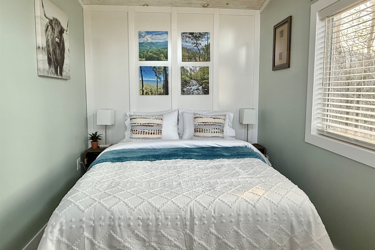 Sleep cool in summer and cozy in winter with a dedicated mini split and ceiling fan. Add a Smart TV, soft layered bedding, and mountain views, and you have the perfect place to unwind after a day outdoors.