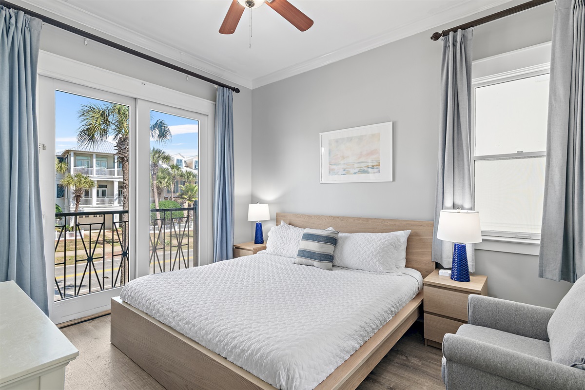 Frangista Sunset's 2nd Floor Bedroom 3: KING bed, full bathroom in hall with walk in shower, balcony overlooking Frangista Beach neighborhood, Smart TV (Sleeps 2)