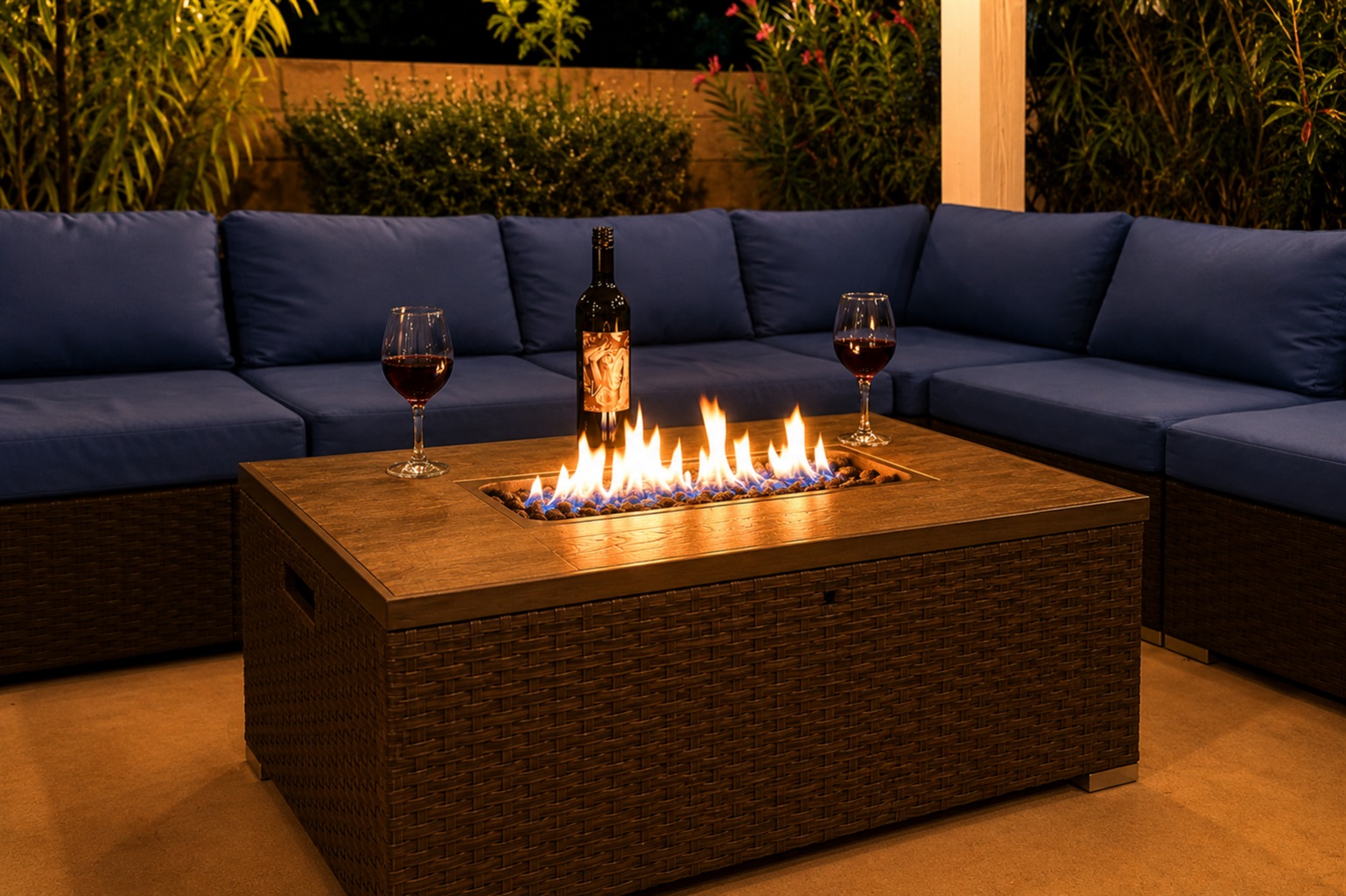 Enjoy the comfortable outdoor seating and fire pit table year round.