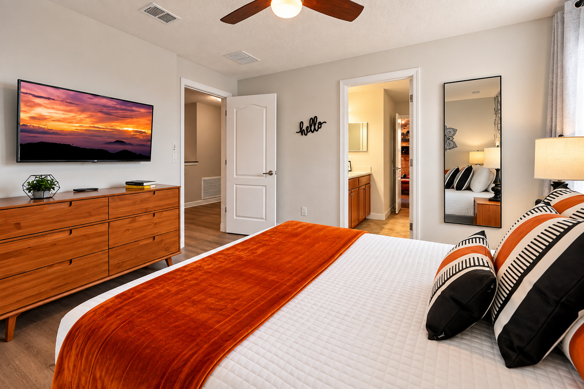 This bedroom has direct access to a full bathroom.