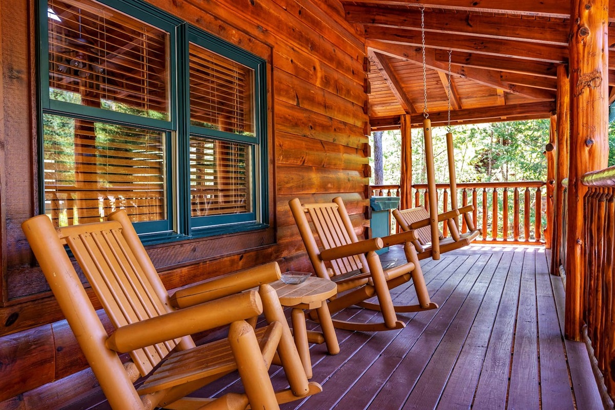 Our guests say they love the wooden furniture rocking chairs and porch swing