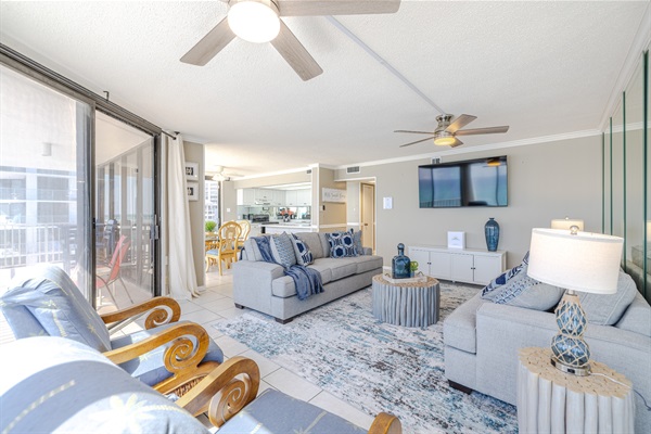 Living room with lots of seating and smart TV