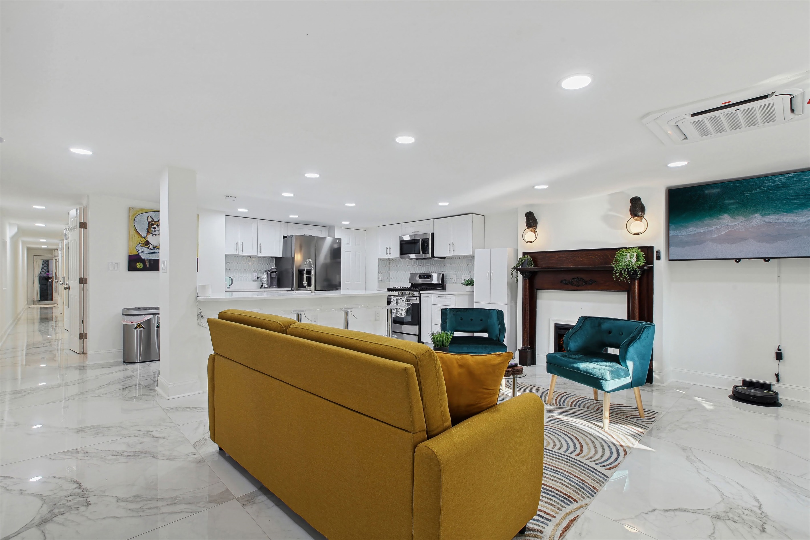 Catch you favorite movie or game on the 58" Roku TV in the living room of the lower level