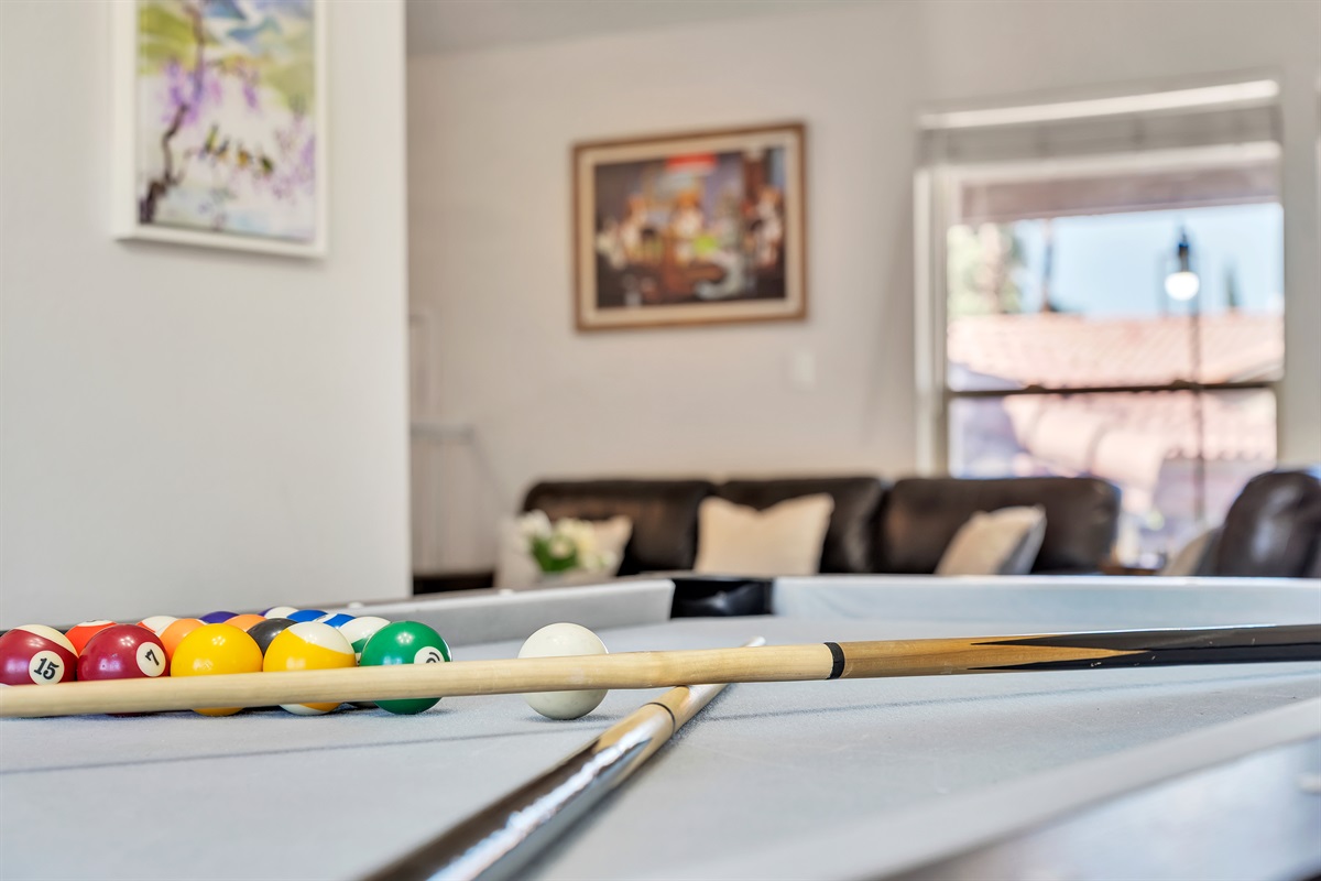 Dining room with large dining table that converts to pool table and ping pong table