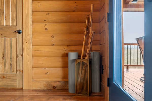 Yoga mat and walking stick are ready to go!