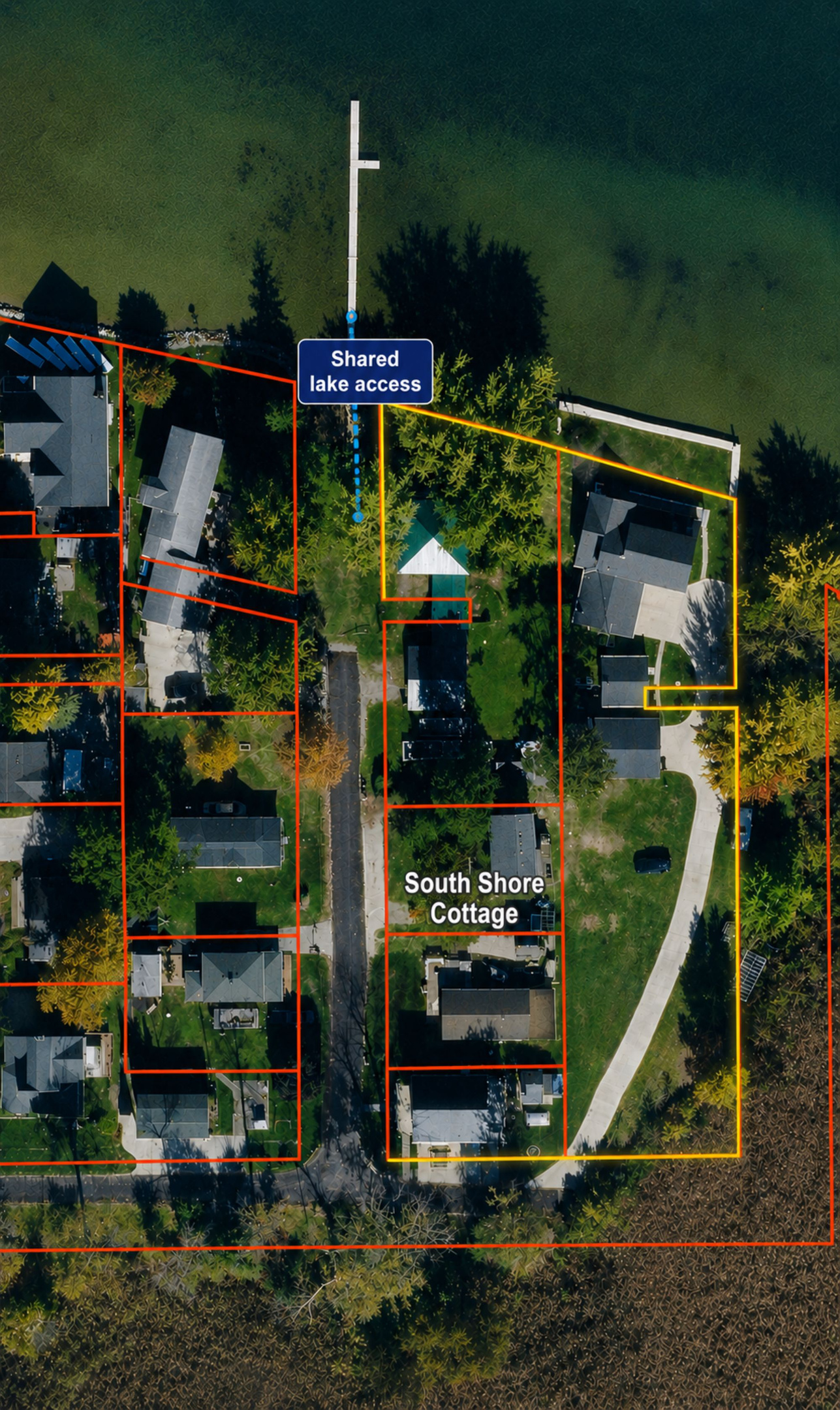 Visual of where the cottage and Lake access are.