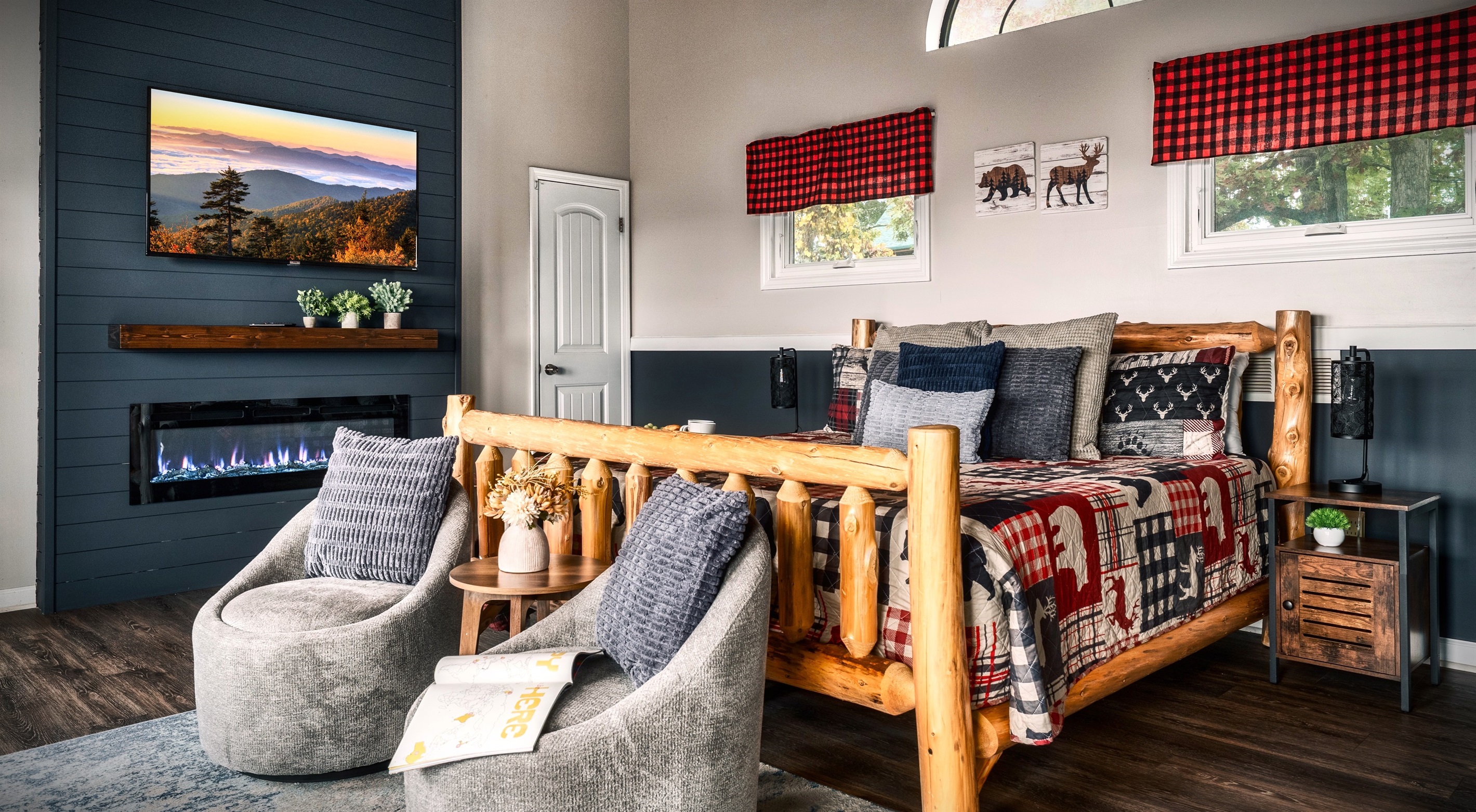 Enjoy those cold or cozy evenings or mornings with the convenience of electric fireplace from your bed that overlooks the Amazing Mountain view.