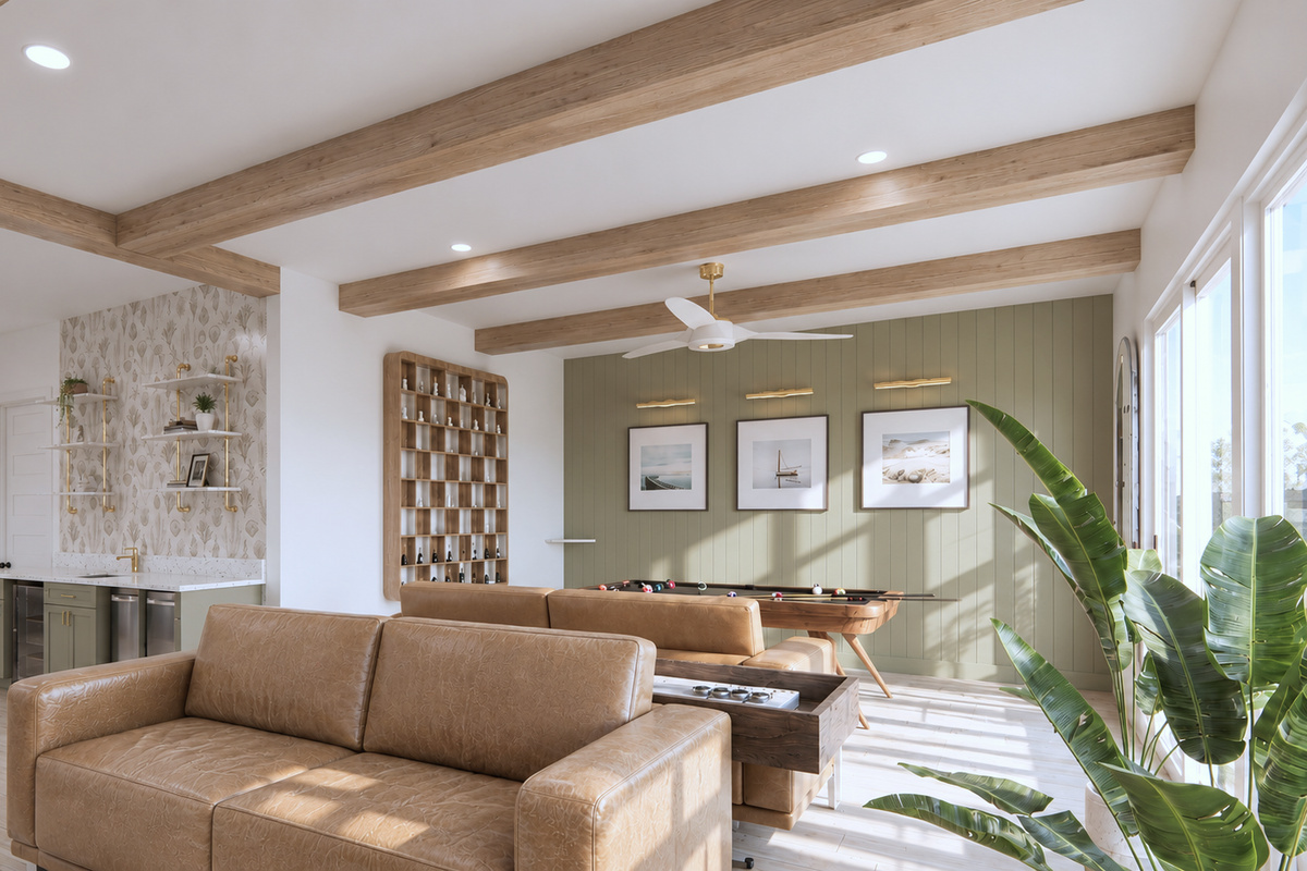 Game Room featuring a Pool Table, Custom-Glass Ping Pong, Shuffleboard, Foosball, and Arcade Games | Rendering 