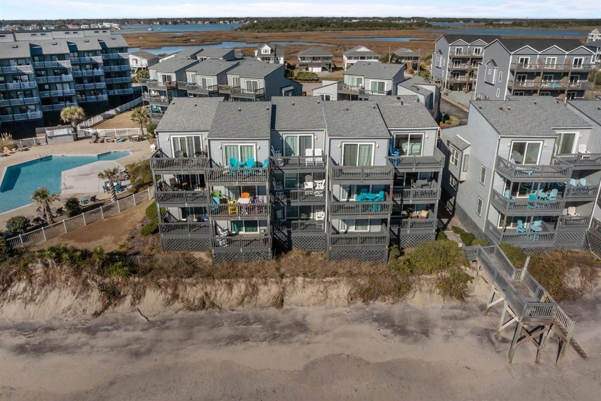 Bird&rsquo;s-eye view of Shipwatch Villas along the shoreline