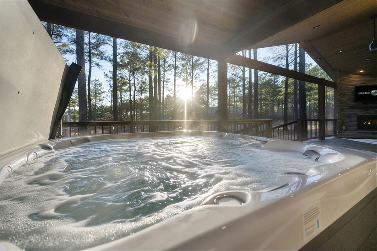 6 person hot tub on the covered deck, perfect for unwinding among the trees.