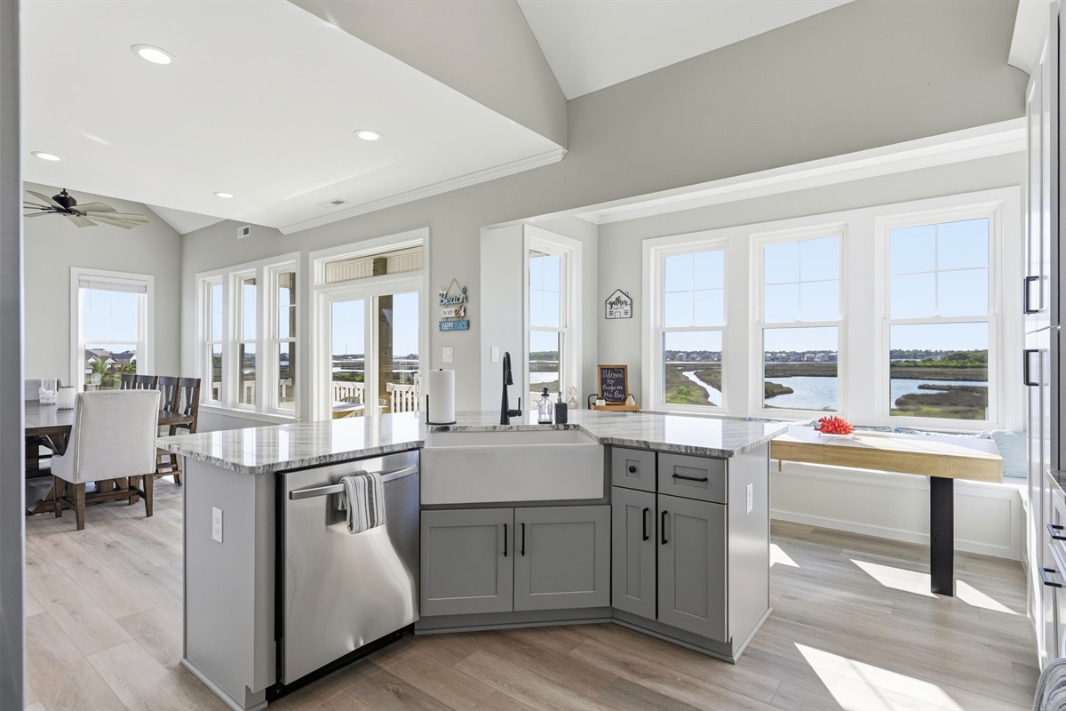 Prep meals with sweeping marsh and water views all around you