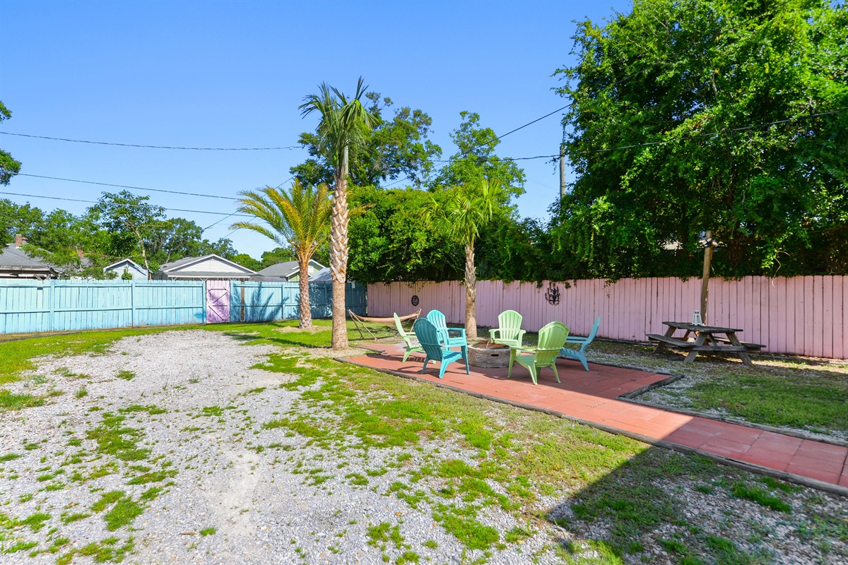 Backyard, firepit, seating. grill.