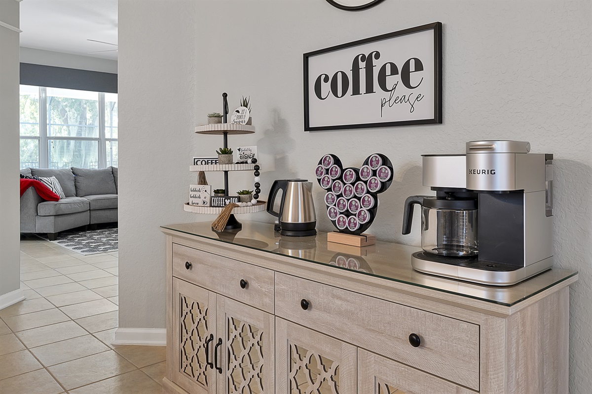 Start each morning off right with your own coffee and tea bar. Whether making a single cup, a whole carafe, or a warm cup of tea, we have you covered. 