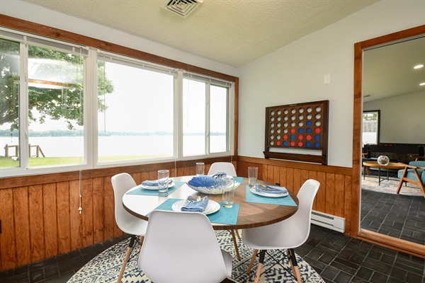 Use the smaller sunroom as a dining extension to seat another 4-6, use it as the perfect corner office for working from elsewhere, or play a game or puzzle.