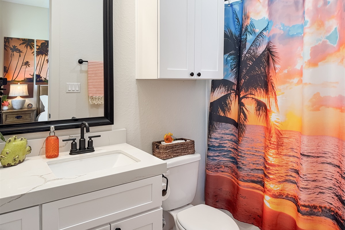 With a bright vanity and a shower/tub combo.