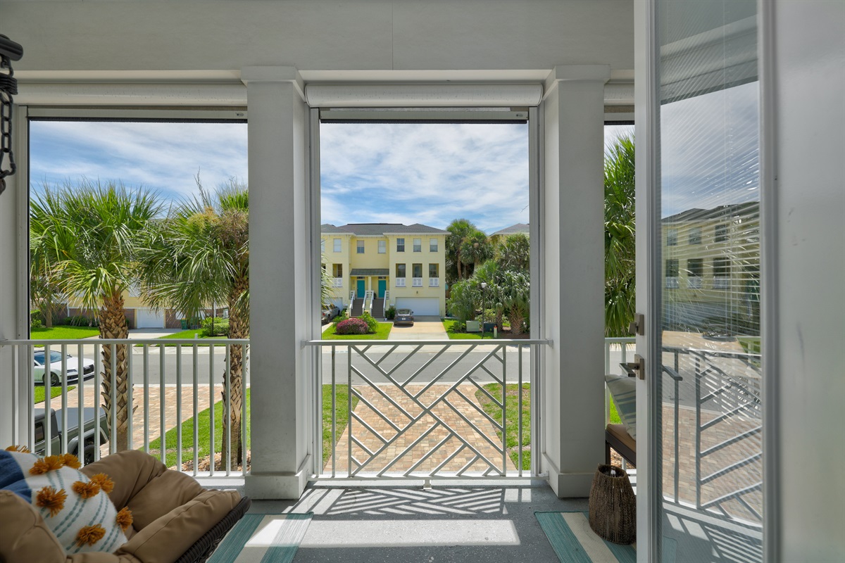 Balcony has automatic sun shades that are remote controlled.